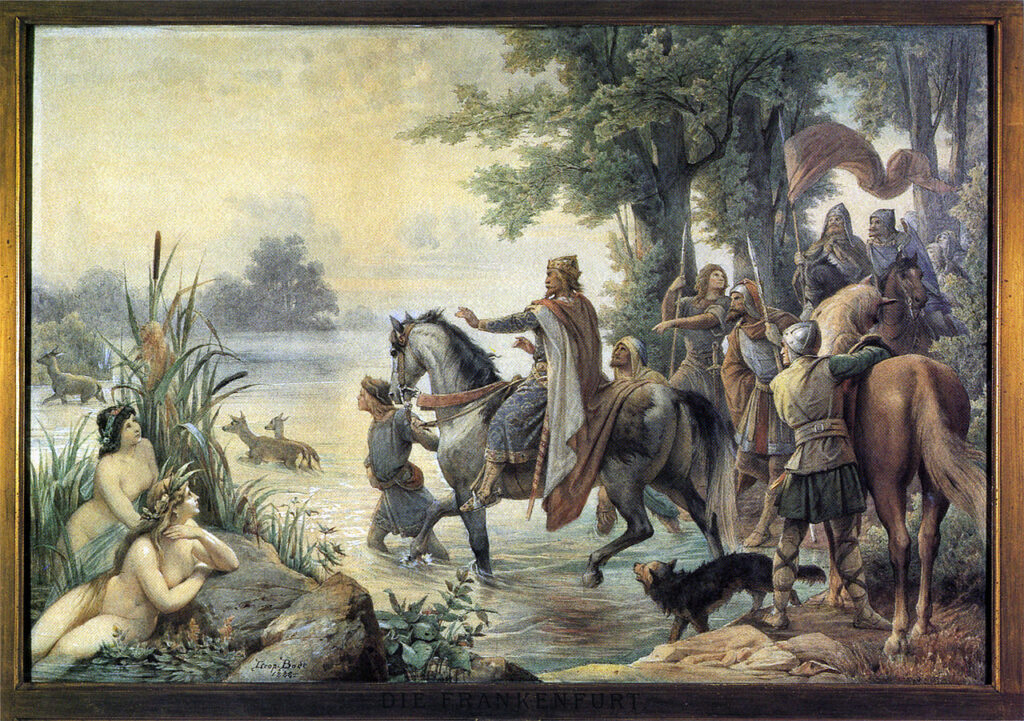 Ein Gemälde der Entdeckung Frankenfurts durch Karl den Großen. Aquarell von Leopold Bode 1888. Ausgestellt im Historischen Museum Frankfurt.